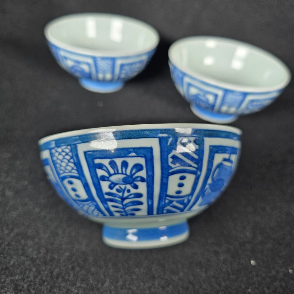 Blue Japanese Arita-Yaki Hijiriyama Teacup Rice Soup Dumplong Bowl Set Of 3